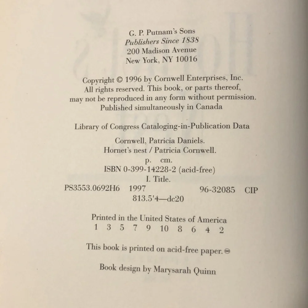 PATRICIA CORNWELL ‘Hornet’s Nest’ Vintage Hardcover 1996